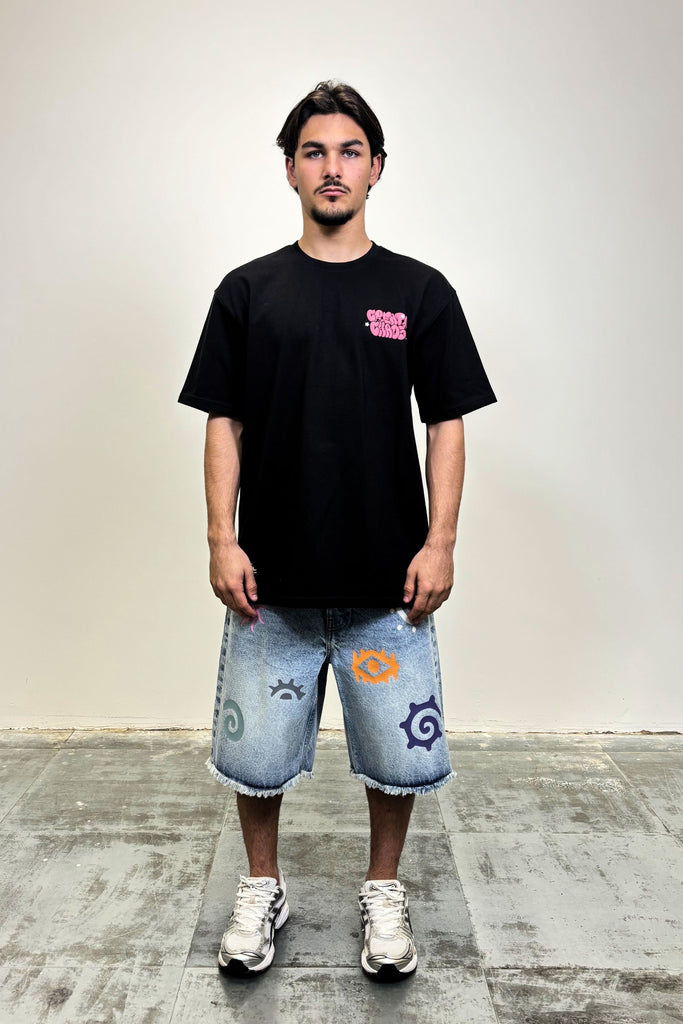 Men's Multi Coloured Printed Light Blue Denim Jorts