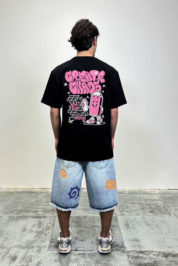 Men's Multi Coloured Printed Light Blue Denim Jorts