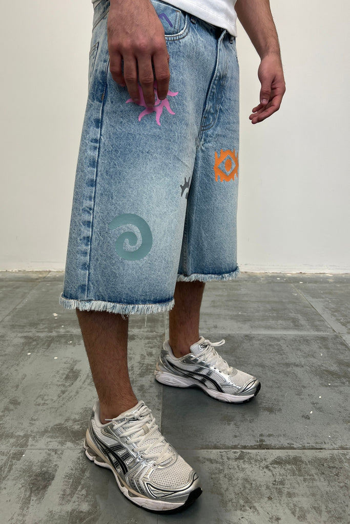 Men's Multi Coloured Printed Light Blue Denim Jorts