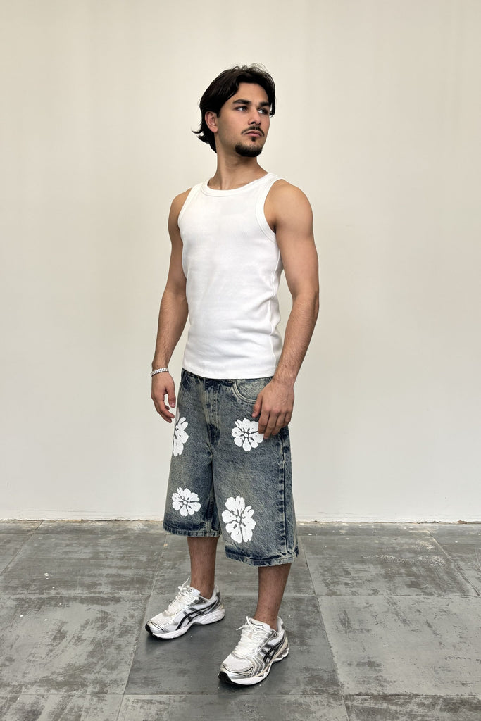 Men's White Flower Sandy Wash Denim Jorts