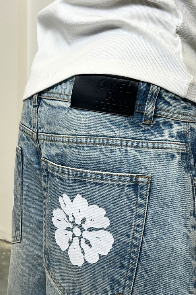 Men's White Flower Sandy Wash Denim Jorts