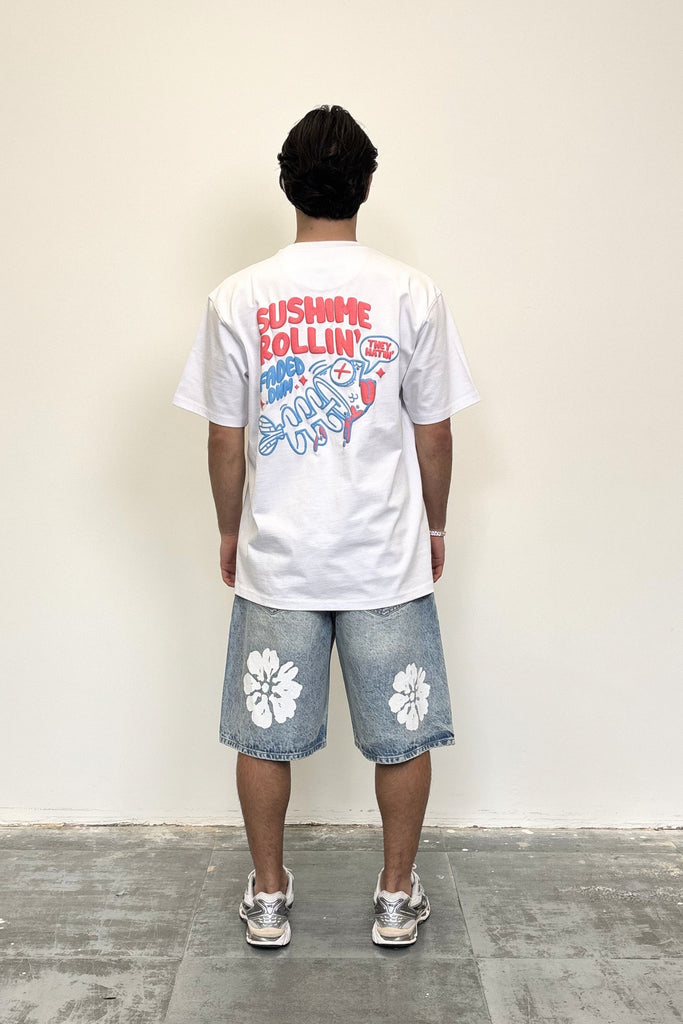 Men's White Flower Light Blue Denim Jorts