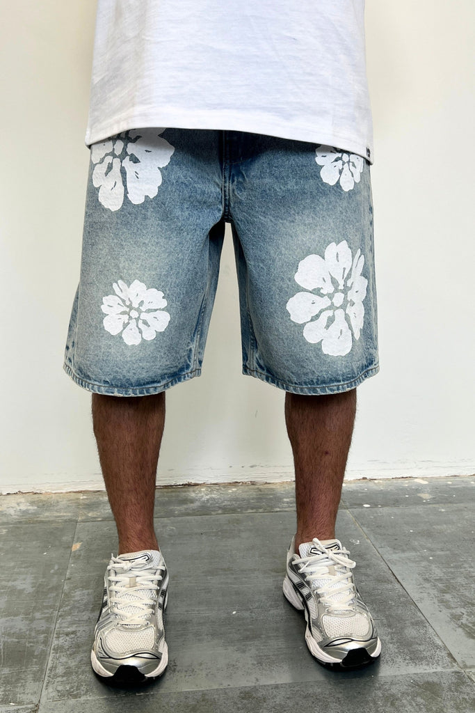 Men's White Flower Light Blue Denim Jorts