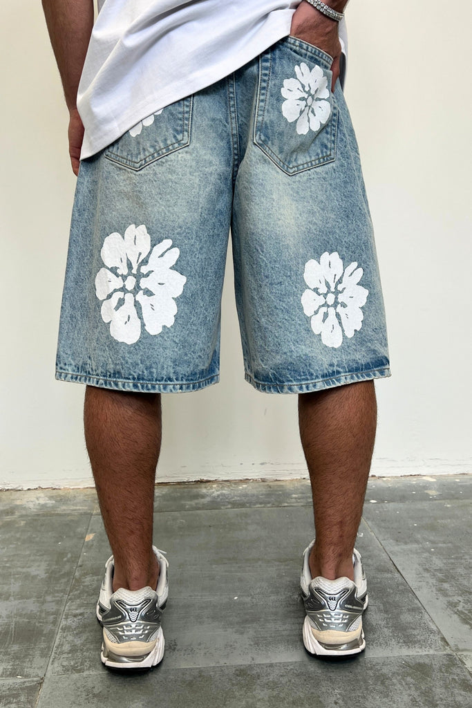 Men's White Flower Light Blue Denim Jorts