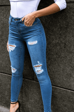 Load image into Gallery viewer, Women&#39;s Mid Blue Rip High Waisted Skinny Jean
