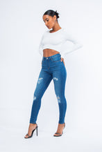 Load image into Gallery viewer, Women&#39;s Mid Blue Rip High Waisted Skinny Jean
