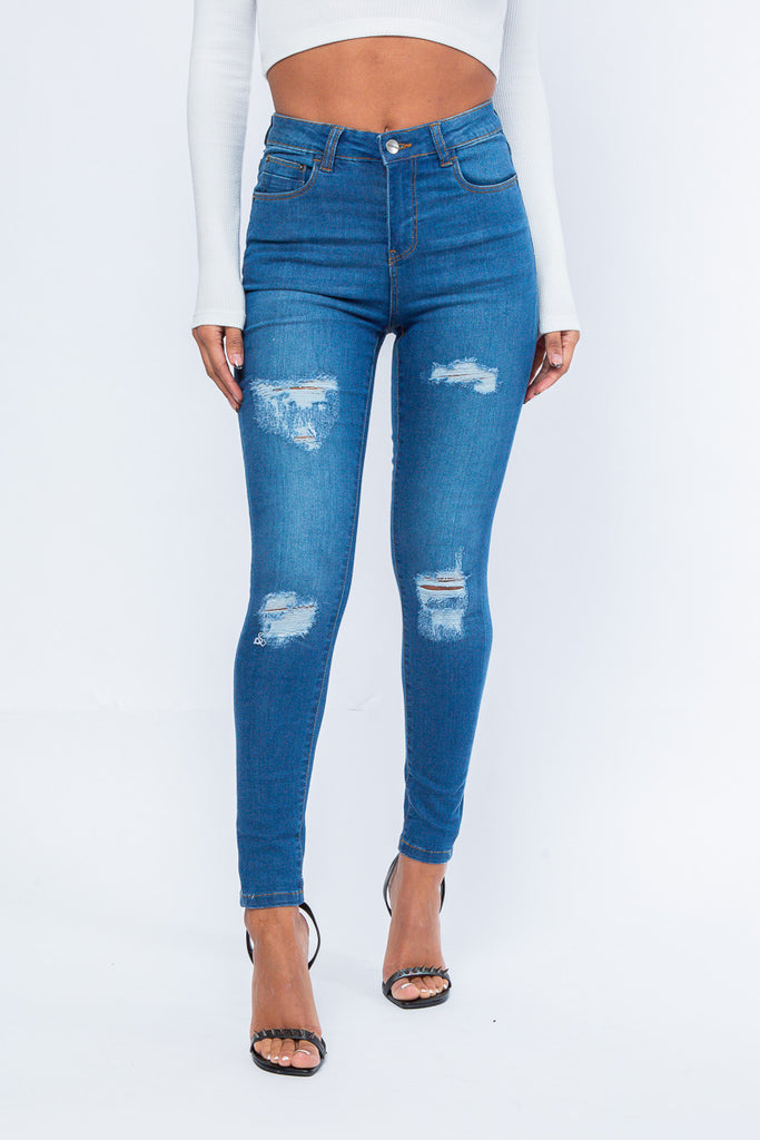 Women's Mid Blue Rip High Waisted Skinny Jean