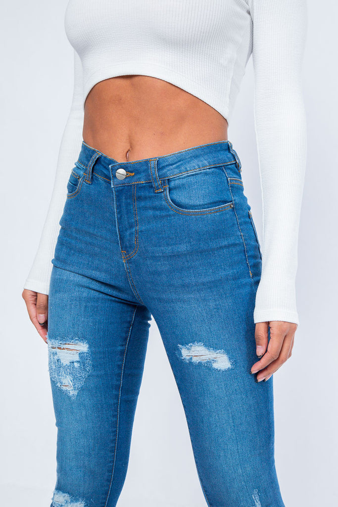 Women's Mid Blue Rip High Waisted Skinny Jean